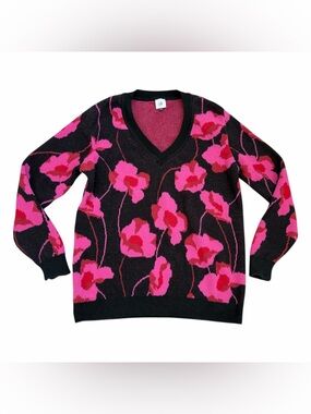 CAbi Black V-Neck Sweater with Floral Pattern